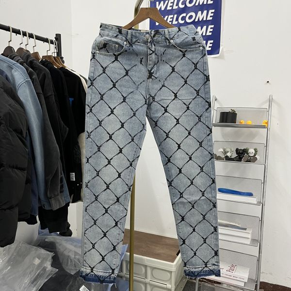 Pantalon en jean peint pour hommes, style Hip Hop, en treillis métallique imprimé, coupe cintrée, pantalon droit, décontracté, de rue