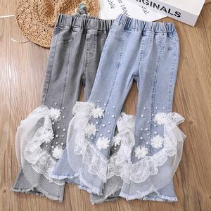 Jeans personnalité dentelle couture décontracté enfants vêtements pour enfants fille enfants perle fleur décoration pantalon pantalon