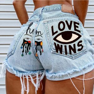 Jeans Plus Size dames Jean Shorts Blauw bedrukte ogen Graffiti Rip Hole Buttlift korte jeans voor dames Hot selling