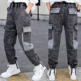 Jeans geprinte boeket voetbroek kinderen joggers vrachtjongens zakken casual techwear kinderen overalls broek zweetwegen
