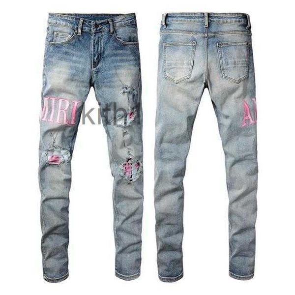 Jeans Diseñador púrpura para hombre Pantalón apilado Hombres Lágrimas holgadas Jean europeo Hombre Pantalones Pantalones Biker Bordado Ripped Tendencia Airi 88B3