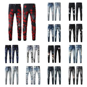 Jeans jeans violets jeans de créateur pour hommes pantalons empilés jeans hommes baggy denim larmes européen jean hombre hommes pantalons pantalons biker broderie déchiré pour tendance01