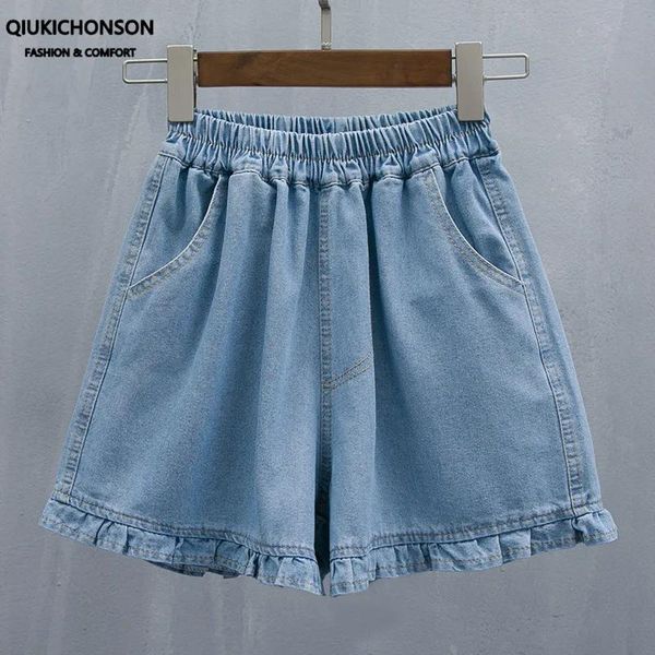 Jeans Qiukichonson 5xl short en jean surdimensionné femmes été taille élastique mignon doux fille froufrous jambe large short en jean ample taille haute