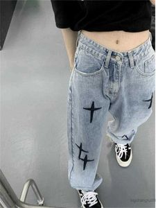 Jeans Qweek Grunge Streetwear Cross Borduurwerk Wide Leg Jeans Women Hip Hop Retro Harajuku Oversize Autumn Fashion Denim Pants Baggy