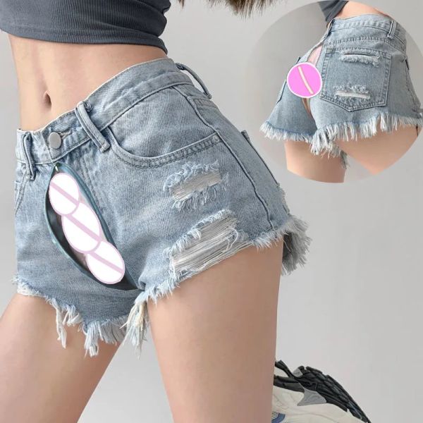 Jeans Short en jean rétro en lambeaux pour femme, pantalon d'été fin, taille haute, jambes larges, entrejambe ouvert Invisible, pantalon sexuel en plein air, Denim HotPants