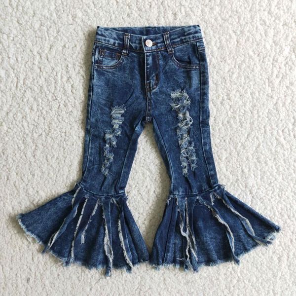 Jeans RTS effilochés bleu foncé rétro cloche bas gland bébé enfant Boutique vêtements en gros automne hiver pantalons fille enfants portent