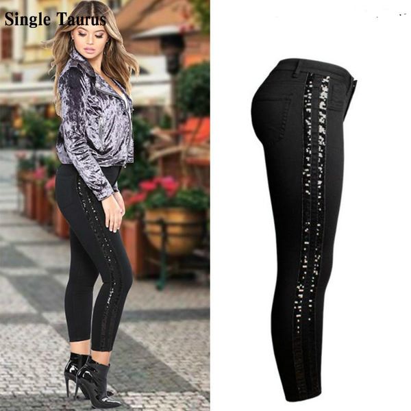 Jeans Sequin Side Stripe Black Skinny Jeans Femmes High Street Casual Slim Fit Push Up Pants denim Mujer Fashion épissé Vaqueros Mujer