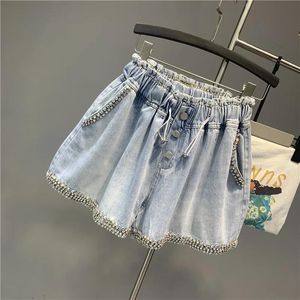 Jeans Shnsophi 2021 été femmes jambe large Denim Shorts dames mode nouveau exquis strass lâche une ligne coréen jean pantalons chauds