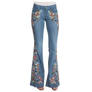 Jeans maat S4XL elastische bloem geborduurde flare jeans dames retro stijl bell bottom skinny herfst denim broek dames