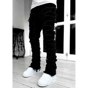 Jeans Skinny Frange Hip-Hop Bord Élastique Patch Punk Rock Long Coupe Serrée Empilé Denim Pantalon Bleu Rose 671 2