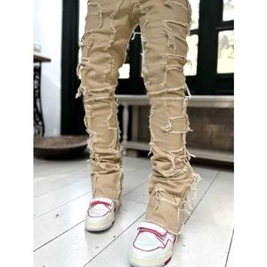 Jeans Skinny Frange Hip-Hop Bord Élastique Patch Punk Rock Long Coupe Serrée Empilé Denim Pantalon Bleu Rose 883