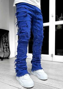 Jeans Skinny Frange Hip-Hop Bord Élastique Patch Punk Rock Long Coupe Serrée Empilé Denim Pantalon Bleu Rose 434