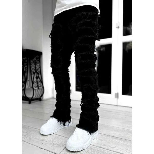 Jeans skinny frange hip-hop bord élastique patch punk rock long pantalon en jean empilé