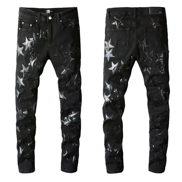 Jeans Skinny Jeans Hombres Negro Ripped Man Jeans Diseñador Mens Rip Denim Star Parches Pierna Recta Cremallera Mosca Agujero Moda Largo Hip Hop Pan