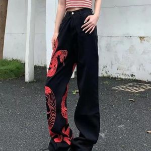 Jeans Slang Vintage Print Baggy Jeans Vrouw Y2k Lage Taille Hippie Denim Broek Donkere Academische Rechte Joggingbroek Haruku-outfits