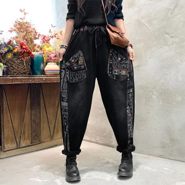 Jeans Spring Autumn Arts Style Femmes Patchwork Imprimé double poche Double Loose Vintage Jeans Elastic Cotton Cotton Denim Harem Pants V448