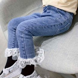 Jeans lente herfst herfst baby kanten ontwerper denim broek elastische taille meiden mode broek 2-7 jaar kinderen katoen Jean Blue Pantalon