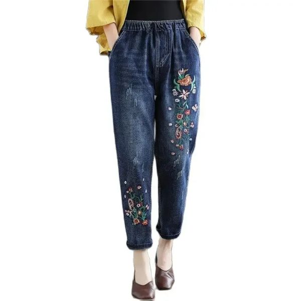 Jeans Printemps automne broderie taille élastique Denim jean femme nouveau défilé de mode mince Cowboy dames sarouel pantacourt Z152