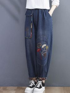 Jeans printemps automne mode femme taille élastique rétro mignon mignon champignon brodé jeans poches féminins patchwork pantalon denim pantalon harem pantalon