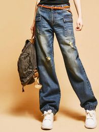 Jeans Printemps Dames Taille Haute Rétro Jeans 2022 Mode Décontracté Ing Poche Large Jambe Pantalon Long Style de Rue Femme Denim Pantalon