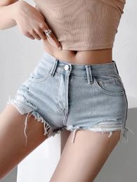 Jeans été haute rue taille basse bavure gland poignets Mini Denim Shorts femmes décontracté déchiré trou frange jean court pantalon coréen