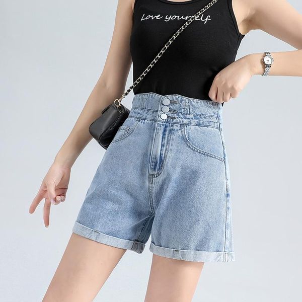 Jean été nouveau Super taille haute boutonnage taille arrière évider Denim Shorts femmes coton ample Curl une ligne pantalons chauds