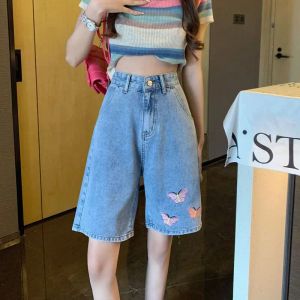 Jeans Zomer Vrouwen Borduren Hoge Taille Wijde Pijpen Denim Shorts Casual Vrouwelijke Streetwear Stright Y2k Bermuda Broek U135