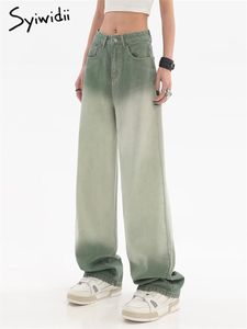 Jeans Syiwidii Jeans à Jambes Larges pour Femmes Taille Haute Baggy Jeans Pantalon Droit Vintage Streetwear Vert Casual Y2k Denim Pants