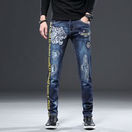 Jeans Tiger Head Embroidery Gepersonaliseerde Blue Stretch Denim Pants Trend Designer Jeans Mens Denim Pants Fashion Trouser Top Sell