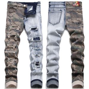 Jeans déchirés Patch Slim Fit Camouflage Patchwork Denim petite jambe pantalon long pour hommes