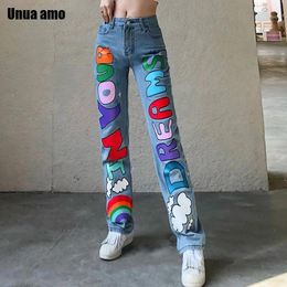 Jeans Unua Amo couleur lettre imprimé Baggy jean femme élégant décontracté pantalon droit femme Streetwear personnalité sauvage Denim pantalon