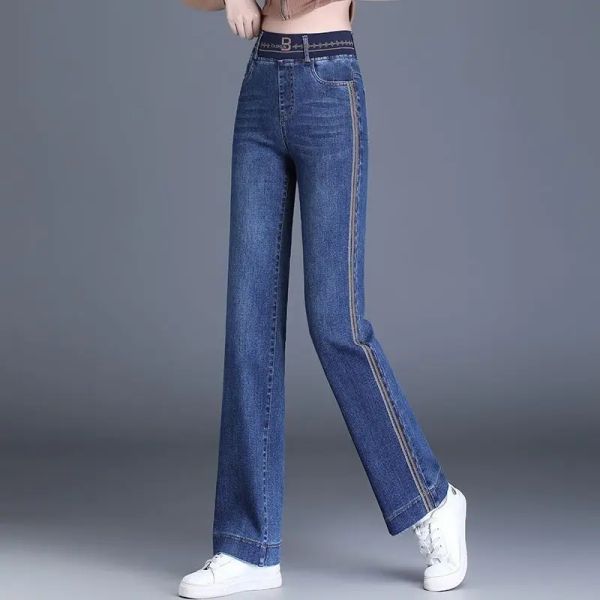 Jeans Velours Taille Haute Jambe Large Jeans pour Femmes Nouvelles Poches d'automne et d'hiver décontracté Stretch Show Height Show Slim Fashion Pants