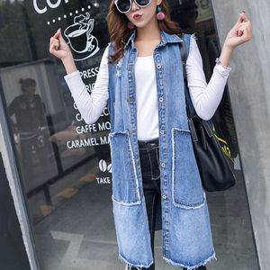 Jeans vest 2018 lente vrouwen vesten losse casual gescheurde lange jeans vrouwelijke vest vintage mouwloze denim jas LF84-1629