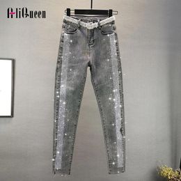 Calças de brim do vintage cintura alta diamantes lápis jeans mulher calças femme longo denim calça feminina magro angustiado streetwear