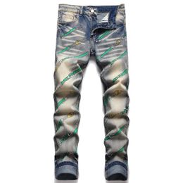 Jeans Vintage Uomo Slim Fit Cintura Stampata Dritto Biker Denim Pantaloni Big Size Tie Dye Blu Pantaloni da uomo per uomo
