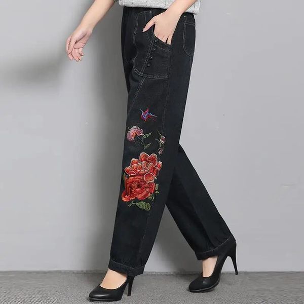 Jeans Vintage Mujer Baggy Jeans Casual Sueltos Cintura Alta Elástica Floral Bordado Pantalones De Mezclilla Pantalones De Pierna Ancha para Mujer