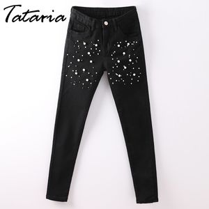 Jeans met parels faux parel kralen zwart voor vrouw casual pocket skinny potlood jean denim broek pantalon femme tataria 210514
