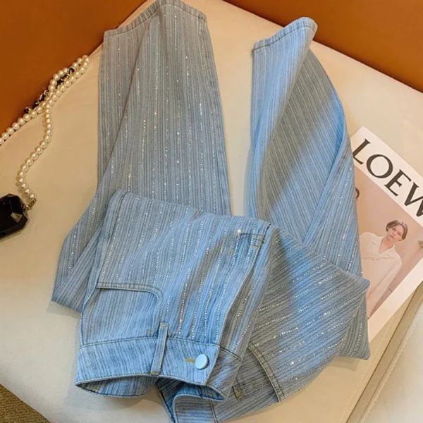 Jeans Con Bolsillos Diamantes De Imitación Jeans Para Mujer Tiro De Cintura Alta Pantalones Azules Para Mujer Pantalones Pierna Recta Ropa De Calle Estiramiento Estético Z