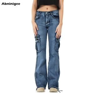 Jeans Femme Taille Haute Jambe Large Y2K Cargo Flare Vintage Casual Multi Poche Lavé Denim Bell Bottom Pantalon Plus Taille 210629