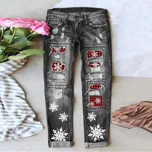 Jeans Dames Kerstboomprint Lattice Patchwork Stretch Gescheurde Broek Mid Taille Gat Jeans Broek Verontruste Gewassen Kerstpatch