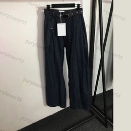 Pantalones vaqueros de pierna ancha de talle alto con diseño de cinturón y logotipo personalizado para mujer, estilo callejero a la moda