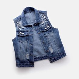 Jeans dames denim vest luxe parels mode gescheurd lente herfst jeans jas mouwloze losse korte jas causale vesten durikies durikies