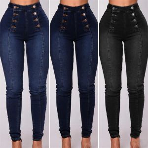 Jeans femmes taille haute crayon jean Vintage maigre double boutonnage poches Push Up pleine longueur Denim pantalon pantalon femme vêtements