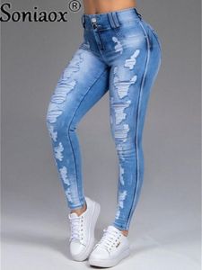Jeans femmes pantalon haut stretch jeans hauts taille skinny frisé le trou de vintage slim grand pantalon en détresse en pleine longueur 2021