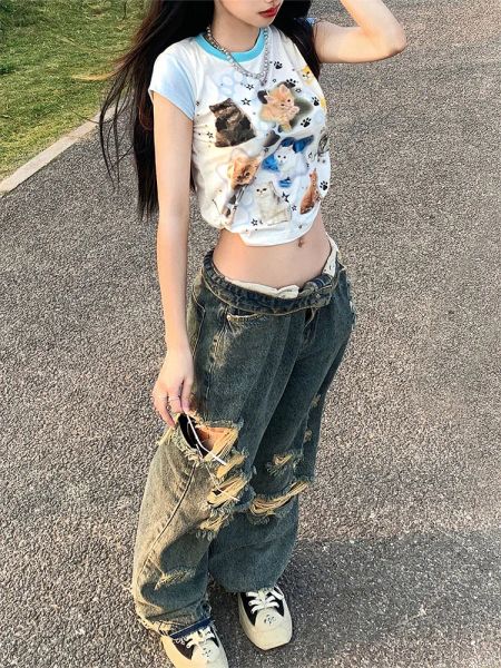 Jean femme pantalon Streetwear Baggy déchiré trou coréen Vintage jean filles chaudes haut jambe large pantalon Denim longueur au sol pantalon Y2K