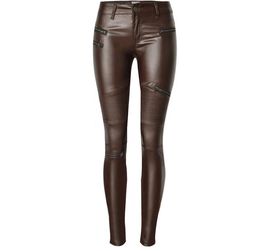 Jeans jeans en revêtement marron féminin skinny extensible basse taille berceau moto jeans jeans multi-zipper punk faux pu en cuir pantalon