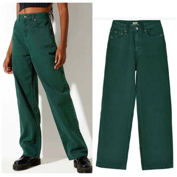 Jeans Mujer Jeans Esmeralda Talle Alto Sueltos Pierna Recta Pantalones De Mezclilla Jeans De Color Verde Oscuro