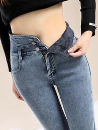 Jeans Damen-Jeans mit hohem Stretch-Knopf und Bleistift, hohe Taille, warm, lässig, Samt, ultraweich, Jeans für Damen, Hosen für Mädchen, Hosen