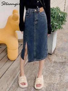 Jeans Dames Jeansrok Midi Vintage A-lijn Zijsplit Denim Rokken Voor Dames Zomer Hoge Taille Zwart Dames Zomerrokken 2023