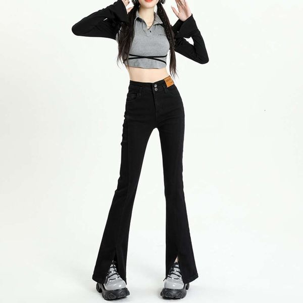 Jeans Spring Women's Spring 2024 haute taille divisé Straitement élastique Slim Fit Black Short Micro Flare Pantalon Jeans